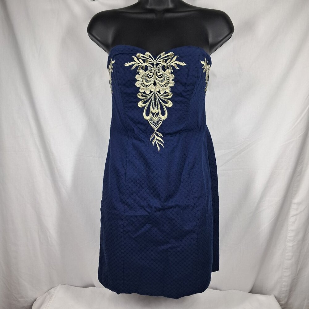 Lilly Pulitzer True Navy Blue/Gold Embroidered Demi Strapless Mini EveningDress